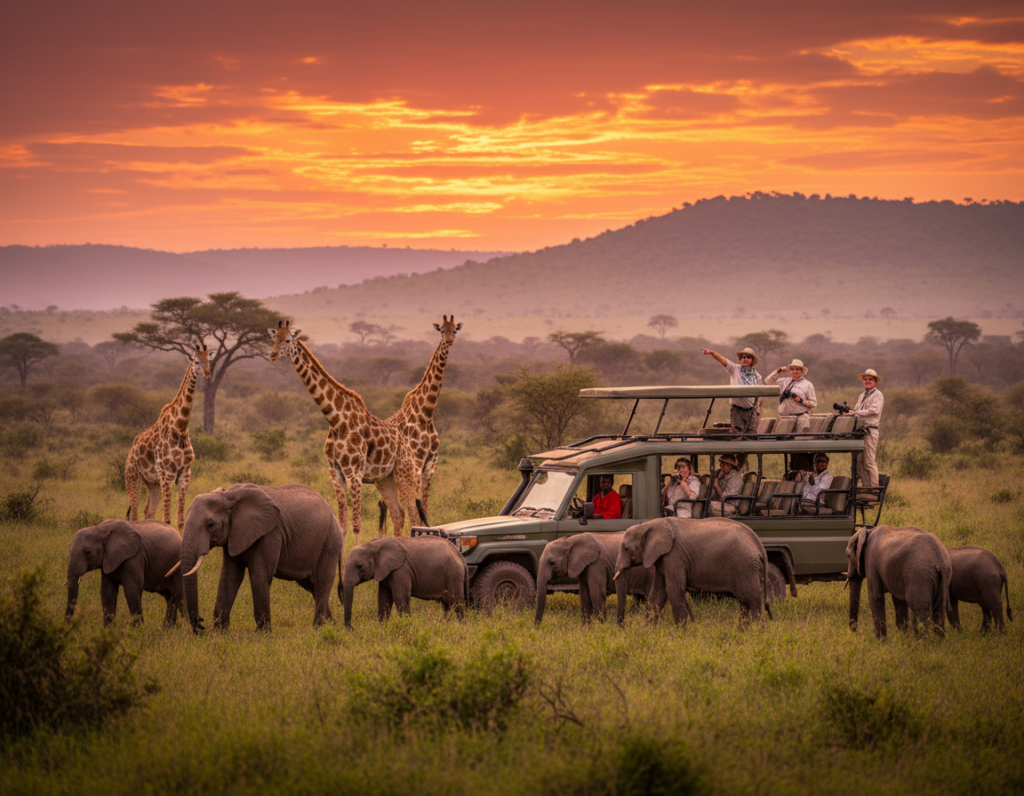 A vivid safari scene in Tsavo West National Park, Kenya, showcasing a group of adventurous tourists, dressed in modest casual clothing, observing wildlife. In the foreground, diverse animals such as elephants and giraffes elegantly graze on lush grassy plains. The middle ground features a safari vehicle parked, with occupants excitedly pointing out animals, while the background displays the stunning landscape of rolling hills and acacia trees under a vibrant sunset sky, casting warm golden tones. The atmosphere is lively and adventurous, capturing the essence of exploration in the wild. Use natural lighting to illuminate the scene, with a slight depth of field to focus on the group while still showcasing the breathtaking scenery around them.