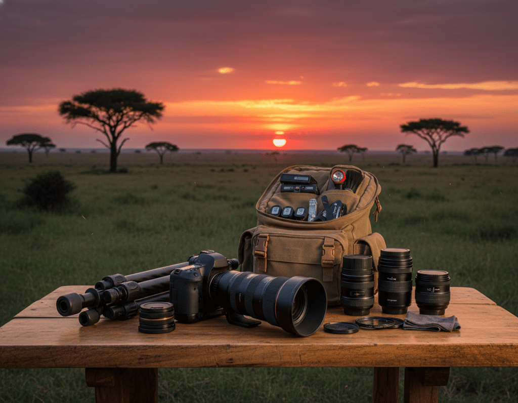 A well-organized arrangement of essential safari photography camera gear laid out on a natural wooden table in a lush African landscape. In the foreground, prominently feature a high-end DSLR camera with a long telephoto lens, a sturdy tripod, and an array of lenses, including a wide-angle lens. In the middle, display a protective camera bag open to reveal additional gear like extra batteries, memory cards, and a flashlight. The background showcases the vibrant African savannah at sunset with acacia trees silhouetted against a colorful sky, casting warm hues of orange and purple. Use soft, golden hour lighting to create a tranquil atmosphere, emphasizing the adventure of wildlife photography. The scene should evoke a sense of preparation and anticipation for capturing breathtaking moments in nature.