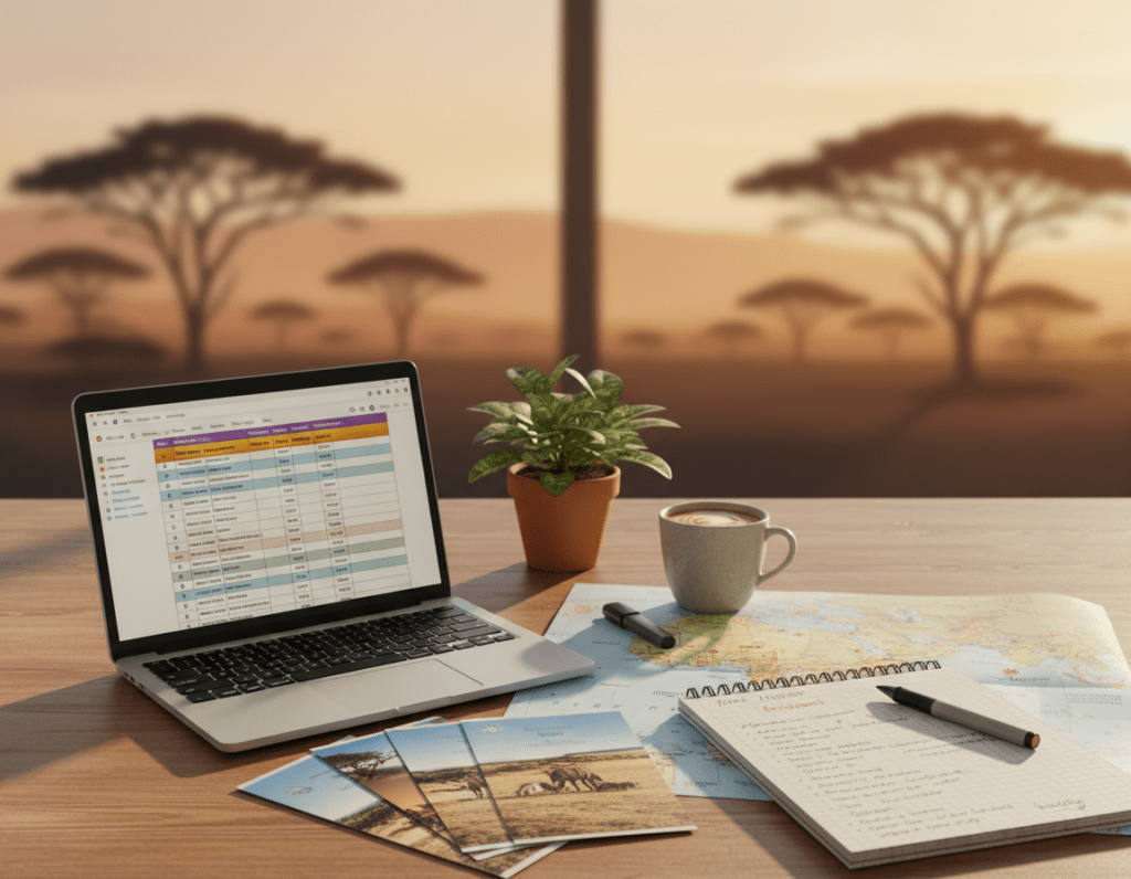 A well-organized workspace for planning an African travel budget, highlighting a detailed travel itinerary. In the foreground, a wooden desk with a laptop open to a budgeting spreadsheet, various colorful travel brochures, and a map of Africa scattered around. In the middle, a potted plant adds a touch of freshness, and a cup of coffee sits beside a notepad filled with notes and calculations. The background features a softly lit window showing hints of an African landscape with acacia trees and gentle hills. The overall atmosphere is focused and inspiring, with warm, natural lighting coming through the window, creating a welcoming and optimistic mood for travel planning.