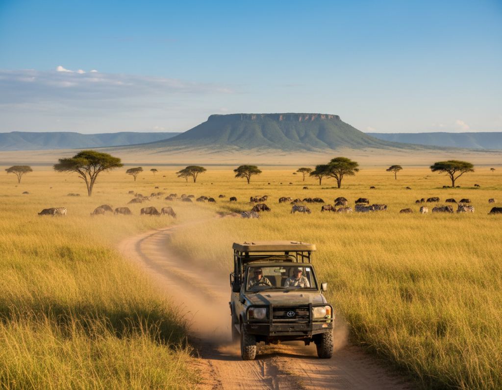 A winding safari route through the Serengeti National Park, surrounded by lush golden grasslands, dotted with acacia trees under a clear blue sky. In the foreground, a rugged 4x4 safari vehicle navigates the dirt path, its tires kicking up dust, symbolizing adventure. The middle ground features grazing wildebeests and a few zebras scattered across the savannah, portraying the rich wildlife of the region. In the background, gentle rolling hills and a distant mountain add depth to the landscape, bathed in warm afternoon light that casts soft shadows. The atmosphere is serene yet vibrant, capturing the spirit of exploration and the beauty of nature in Tanzania.