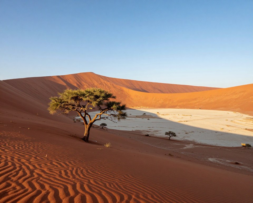 Expansive view of the Sossusvlei landscape in Namibia, showcasing the iconic red sand dunes under a clear blue sky. In the foreground, a lone, weathered acacia tree stands stark against the vibrant dunes, highlighting its resilience in this arid region. The middle ground features the towering dune of Big Daddy, with its rippled surface casting long shadows, demonstrating the interplay of light and texture. In the background, a vast stretch of white salt pan contrasts sharply with the deep orange of the dunes. The image is bathed in warm golden light of early morning or late afternoon, creating a serene yet awe-inspiring atmosphere, with soft, sweeping curves of the landscape emphasizing the grandeur of nature. The angle captures the sweeping vista, evoking a sense of solitude and majesty.