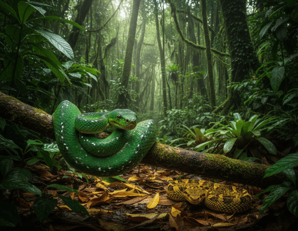 In a lush tropical rainforest, vividly colored venomous snakes slither among vibrant green foliage. In the foreground, a striking emerald tree boa coils around a thick branch, showcasing its vivid green scales speckled with black. Nearby, a golden lancehead viper lies camouflaged amidst fallen leaves, its distinctive markings blending seamlessly into the environment. In the middle ground, the dense underbrush is alive with rich textures and shadows, while beams of sunlight filter through the towering canopy above. The background features towering trees draped in vines and moss, enveloping the entire scene in a warm, humid atmosphere. Soft, diffused lighting adds a sense of mystery to the lush habitat, enhancing the vibrant colors and intricate details of the snakes and their surroundings.