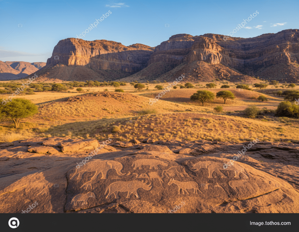 Lush and rugged landscape of Damaraland, Namibia, showcasing the breathtaking rock formations and unique geological features. In the foreground, a group of ancient rock engravings depicting wildlife, set against a backdrop of expansive, rolling hills. In the middle ground, acacia trees dot the arid terrain, their green foliage contrasting with the ochre and rusty colors of the earth. The background features dramatic, multi-hued rock formations under a clear blue sky, with soft, warm sunlight filtering through the scene, casting gentle shadows. The atmosphere is serene and timeless, reflecting the rich cultural heritage of the region. Photograph taken with a wide-angle lens for expansive perspective, creating depth and emphasizing the grandeur of this UNESCO World Heritage site.