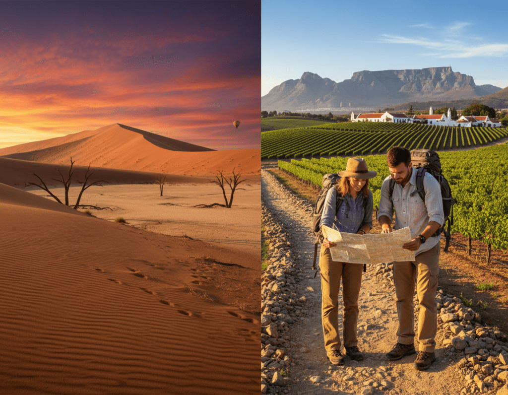 Vividly depict a scenic travel comparison between Namibia and South Africa. In the foreground, illustrate two adventurous travelers dressed in casual yet professional attire, examining a travel map with expressions of curiosity. The middle ground features distinct landscapes: the arid, dramatic dunes of Namibia on one side, contrasted with the lush, vibrant vineyards of South Africa on the other. In the background, capture the contrast between the two countries’ skies—one painted with sunset hues over the Namib Desert and the other with a clear blue sky above Table Mountain. Use warm, golden hour lighting to enhance the warmth of the scene, focusing on a wide-angle view that immerses the viewer in the beauty and diversity of both regions. Convey an atmosphere of exploration and excitement.