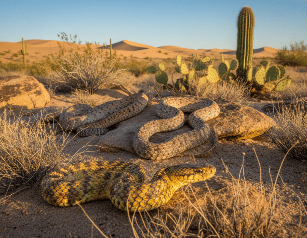 Wüstenschlangen in their natural desert environment, coiled around sun-baked rocks and sparse vegetation, showcasing their distinctive scales and markings. In the foreground, a detailed perspective of a vibrant, venomous snake with striking patterns in shades of yellow and brown, partially hidden among dry grasses. The middle ground captures a sunlit scene with scattered boulders and a few cacti, emphasizing the arid setting. In the background, rolling dunes under a clear blue sky complete the desert landscape. The soft, golden light of late afternoon casts gentle shadows, creating a warm and inviting atmosphere. The overall mood is tranquil yet wild, reflecting the beauty and resilience of these desert-dwelling serpents.