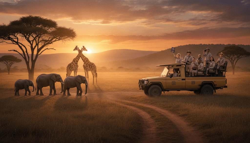A breathtaking landscape featuring the iconic African savannah in the foreground, dotted with majestic acacia trees and a mix of wildlife such as elephants and giraffes in natural poses. In the middle ground, an adventurous safari vehicle with diverse tourists in professional travel attire, capturing the essence of exploration and wonder. The background showcases a vivid sunset casting warm golden hues over distant hills and a dramatic sky filled with vibrant colors, creating a sense of tranquility and excitement. The lighting is soft and ambient, highlighting the beauty of the natural environment. The overall mood is adventurous and welcoming, reflecting the idea of visa-free travel and the breathtaking experiences of southern Africa.