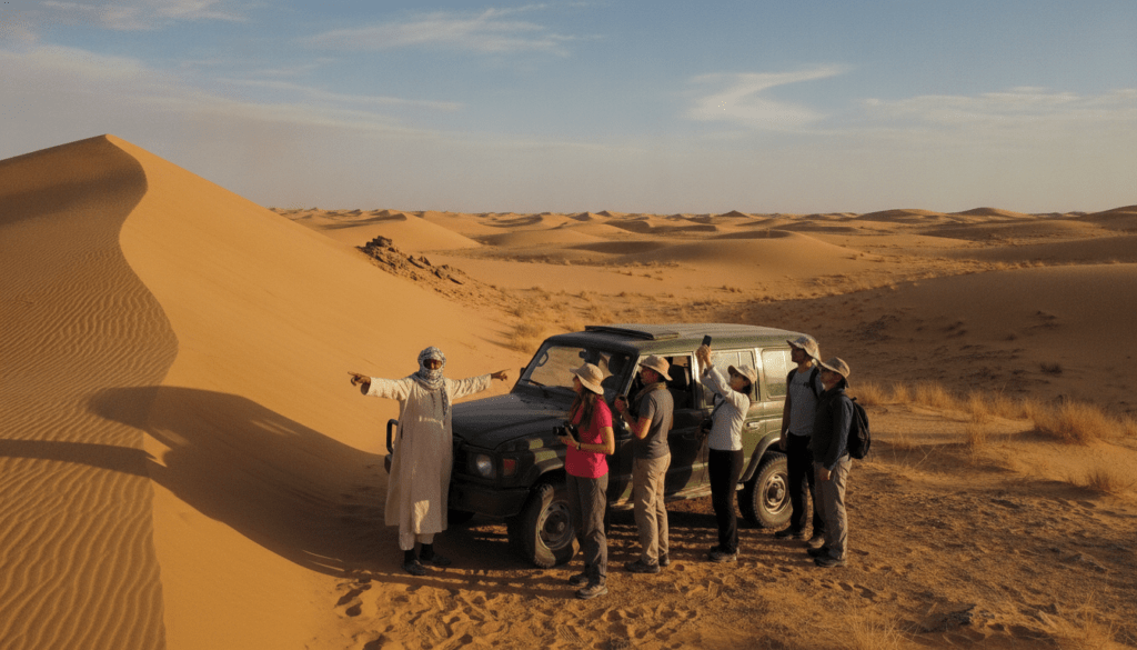 A breathtaking view of the Sahara Desert in Algeria, showcasing a local guide in modest casual clothing leading a small group of travelers in a rugged off-road vehicle. In the foreground, the guide points toward an impressive sand dune. The middle ground features the travelers engaging with the landscape, capturing the beauty of their experience. Sparse desert vegetation and scattered rocks add texture to the scenery. The background reveals vast golden sand dunes under a brilliant blue sky with wispy clouds, creating a serene and adventurous atmosphere. The warm sunlight casts soft shadows, emphasizing the contours of the dunes and the travelers' expressions of wonder. The image composition is shot at eye level, focusing on the connection between the guide and the tourists, evoking a sense of discovery and exploration.