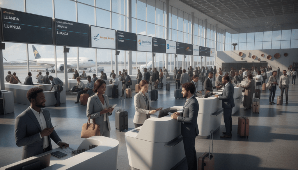 A bustling airport scene capturing the excitement of traveling to Luanda, Angola in 2026. In the foreground, a diverse group of professionally dressed travelers engages at a check-in desk, displaying a mix of anticipation and curiosity. In the middle ground, sleek, modern boarding gates showcase a variety of airline logos, reflecting new flight connections. Bright, natural lighting streams in through large windows, highlighting a spacious, airy design with hints of African decor. In the background, an airplane is positioned on the tarmac against a clear blue sky, symbolizing increased connectivity. The mood is vibrant and dynamic, emphasizing the growing importance of Angola as a travel destination, enhanced by contemporary infrastructure and connectivity.