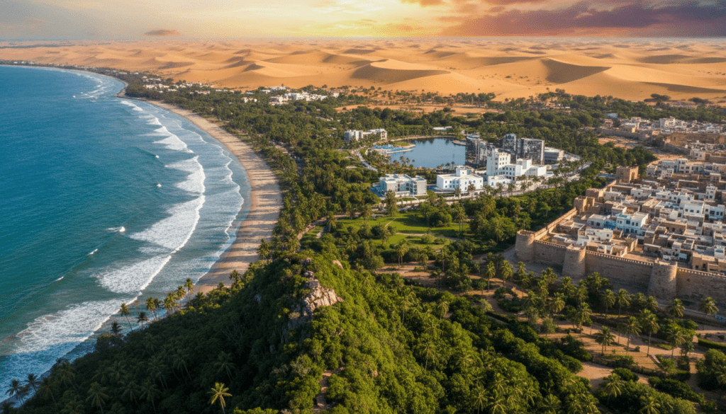 A captivating travel scene showcasing the rich landscapes and cultures of Angola and Algeria as emerging travel destinations in 2026. In the foreground, a summit view overlooking Angola's stunning coastline with vibrant tropical greenery. In the middle ground, traditional Algerian architecture blending with modern elements, surrounded by lush desert landscapes and historical sites like the Casbah of Algiers. The background features the Sahara's golden dunes under a vibrant sunset, casting warm, inviting colors across the sky. Soft, dramatic lighting enhances the colors of the landscapes, creating a sense of adventure and discovery. The mood is optimistic and inspirational, appealing to the wanderlust in all travelers.