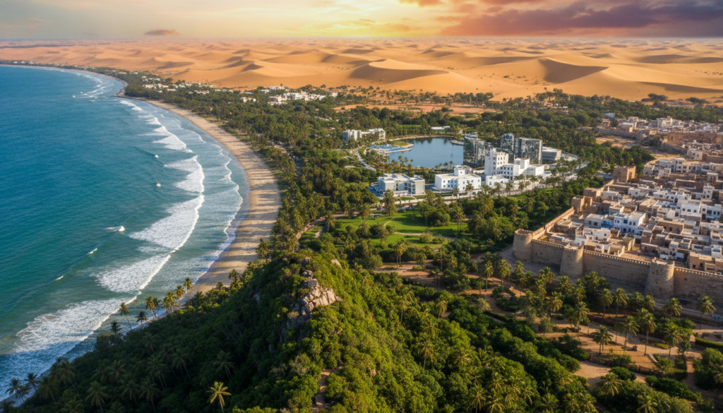 A captivating travel scene showcasing the rich landscapes and cultures of Angola and Algeria as emerging travel destinations in 2026. In the foreground, a summit view overlooking Angola's stunning coastline with vibrant tropical greenery. In the middle ground, traditional Algerian architecture blending with modern elements, surrounded by lush desert landscapes and historical sites like the Casbah of Algiers. The background features the Sahara's golden dunes under a vibrant sunset, casting warm, inviting colors across the sky. Soft, dramatic lighting enhances the colors of the landscapes, creating a sense of adventure and discovery. The mood is optimistic and inspirational, appealing to the wanderlust in all travelers.