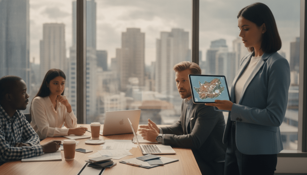 A contemporary office setting showcasing a professional German traveler discussing South Africa's new digital visa system. In the foreground, a young adult female in smart casual attire is examining a digital device with a map of South Africa on its screen. In the middle ground, a group of multicultural professionals are engaging in a serious conversation around a table, with travel documents and laptops scattered about. The background features a large window with a view of a global city skyline, symbolizing international travel. Soft, natural lighting filters through the window, casting a professional and productive atmosphere. No text or logos. The overall mood is focused and innovative, highlighting the evolving travel regulations.
