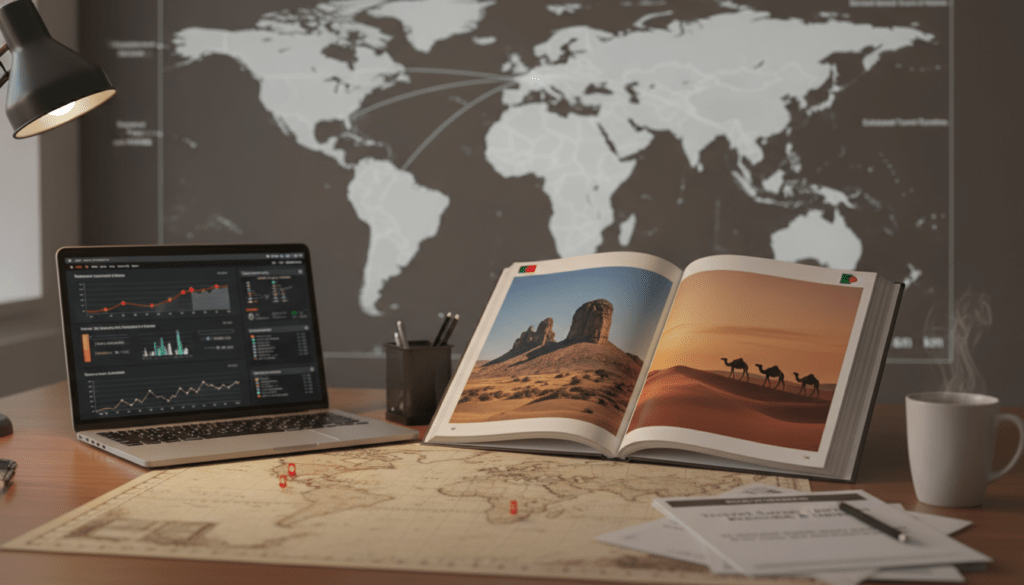 A detailed and informative travel advisory scene featuring a professional-looking workspace. In the foreground, a well-organized desk with a world map highlighting Angola and Algeria, a laptop displaying data, and documents labeled "Travel Safety Tips" and "Health Guidelines." In the middle, an open travel guidebook with vibrant images of iconic landmarks from both countries, such as the Malanje mountains in Angola and the Sahara Desert in Algeria. In the background, a subtle map overlay showing routes and travel distances, with soft, ambient lighting creating a focused and serious atmosphere. The overall mood should be one of preparedness and security, emphasizing practical travel advice while remaining visually engaging and informative.