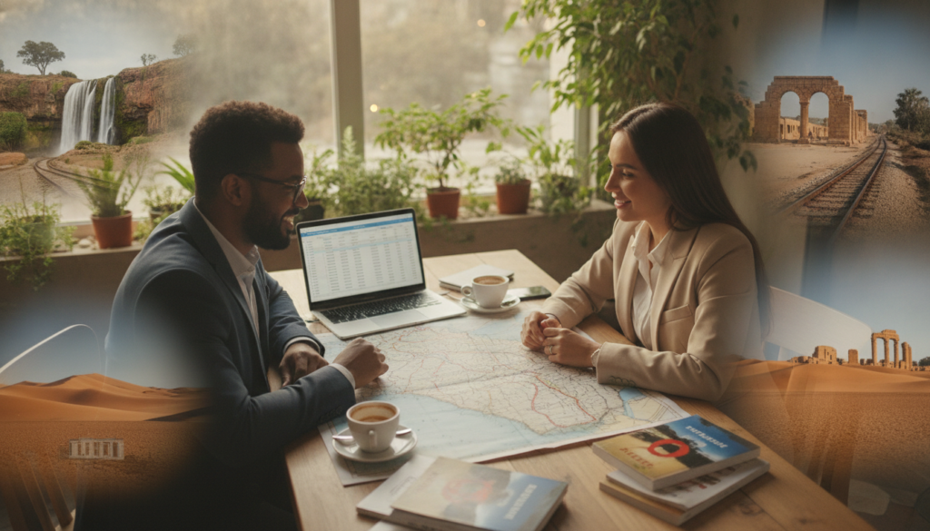 A detailed travel planning scene depicting two professional individuals, a man and a woman, both in smart casual attire, sitting at a wooden table covered with travel brochures of Angola and Algeria, a map spread out in front of them. The background features a beautifully lit café with warm lighting and green plants adding a cozy atmosphere. On the table, coffee cups and a laptop displaying travel data, budgets, and potential routes can be seen. Lush landscapes of Angola and Algeria, including famous landmarks, subtly blend into the background. The shot is framed from a slightly elevated angle to capture both the table dynamics and a sense of outdoor warmth, conveying excitement and adventure in planning their journey.