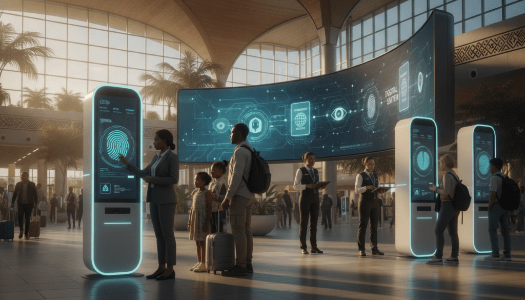 A modern airport scene in South Africa, depicting travelers smoothly navigating a digital entry system in 2026. In the foreground, a diverse group of travelers in professional business attire and modest casual clothing are checking in at sleek, high-tech kiosks displaying digital biometric data. The middle ground features airline staff assisting travelers, while large screens provide visual information about the new entry system with icons of digital passports and biometric scans. The background showcases the vibrant South African airport architecture, infused with natural light coming through large windows. The overall mood is one of efficiency and excitement, hinting at advancements in travel technology, with a warm and welcoming atmosphere. The lens captures the scene from an angle that emphasizes the sense of movement and progress without any text, watermarks, or distractions.