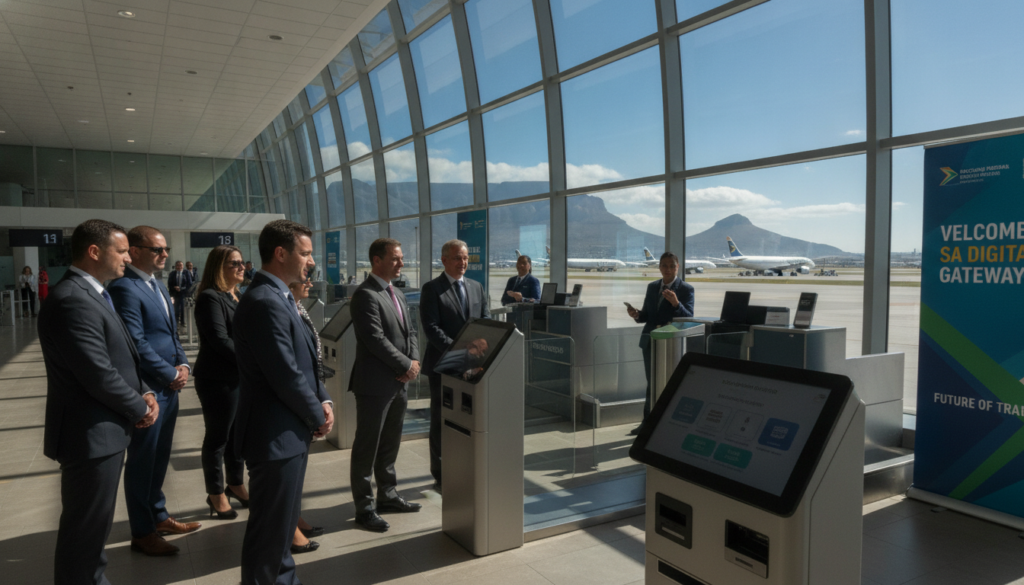 A modern airport scene in South Africa showcasing the launch of a digital entry system. In the foreground, a diverse group of travelers in professional business attire, standing in front of a sleek, high-tech kiosk displaying digital entry options. In the middle ground, a well-organized check-in area with banners highlighting the new digital system and travelers using smartphones. The background features large windows revealing a sunny, vibrant South African landscape, with planes ready for takeoff. Soft, natural lighting illuminates the scene, creating a welcoming atmosphere. The image should convey efficiency and excitement about the new entry system, capturing a moment of anticipation as travelers prepare for their journey.