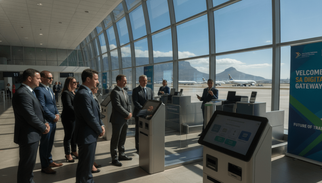 A modern airport scene in South Africa showcasing the launch of a digital entry system. In the foreground, a diverse group of travelers in professional business attire, standing in front of a sleek, high-tech kiosk displaying digital entry options. In the middle ground, a well-organized check-in area with banners highlighting the new digital system and travelers using smartphones. The background features large windows revealing a sunny, vibrant South African landscape, with planes ready for takeoff. Soft, natural lighting illuminates the scene, creating a welcoming atmosphere. The image should convey efficiency and excitement about the new entry system, capturing a moment of anticipation as travelers prepare for their journey.