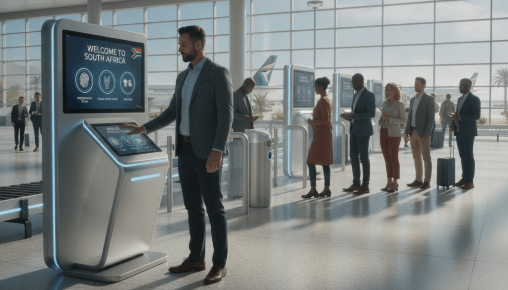 A modern digital entry system interface for South Africa, showcasing a high-tech airport environment. In the foreground, a professional traveler, dressed in smart casual attire, interacts with a sleek touchscreen interface displaying biometric scanning options. The middle ground features an array of futuristic scanners and digital kiosks designed for efficient traveler processing, with well-organized queues and a diverse group of travelers awaiting their turn, emphasizing inclusivity. The background depicts a bright, bustling airport terminal with large windows allowing natural light to pour in, casting soft shadows on polished floors. The atmosphere is vibrant and optimistic, highlighting the transition to a more efficient and modern travel experience in South Africa. The image should convey a sense of innovation and sophistication, capturing the essence of digital transformation in travel.