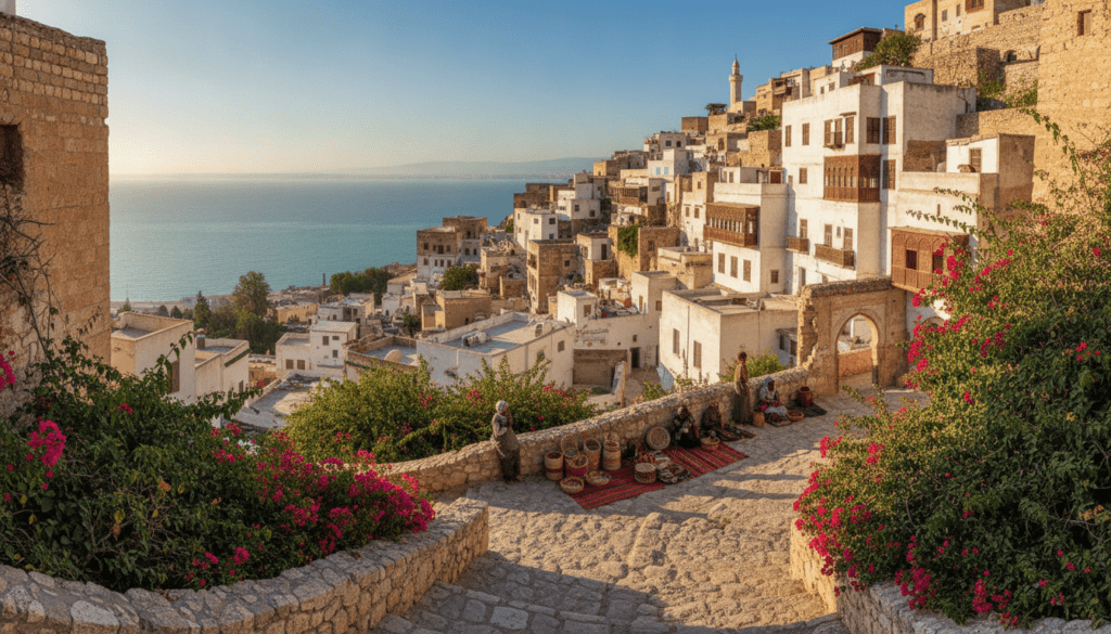 A panoramic view of the Kasbah of Algiers, showcasing its intricate architecture and historical significance as a UNESCO World Heritage site. In the foreground, traditional stone pathways with blooming bougainvillea and local artisans selling crafts. The middle ground features the stunning whitewashed buildings of the Kasbah, bathed in warm afternoon sunlight, highlighting the unique blend of Ottoman and Moorish architectural styles. In the background, the deep blue Mediterranean Sea glistens under a clear sky, with a hint of the Sahara's golden sands visible at the horizon. The scene should evoke a sense of rich history and cultural vibrancy, capturing the allure of Algeria's diverse landscapes while conveying a warm, inviting atmosphere. Use a wide-angle lens to create depth and realism in the composition.