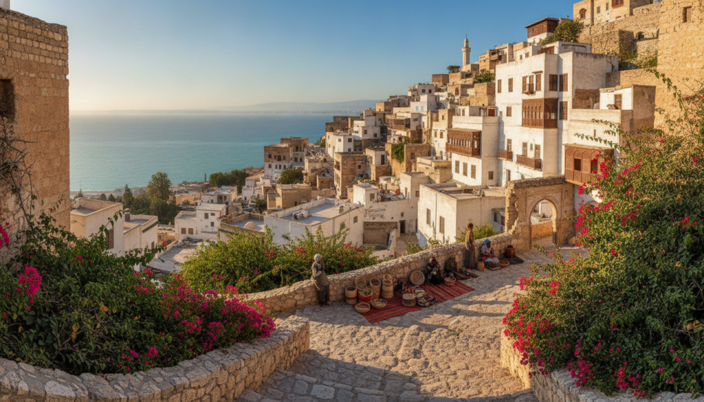 A panoramic view of the Kasbah of Algiers, showcasing its intricate architecture and historical significance as a UNESCO World Heritage site. In the foreground, traditional stone pathways with blooming bougainvillea and local artisans selling crafts. The middle ground features the stunning whitewashed buildings of the Kasbah, bathed in warm afternoon sunlight, highlighting the unique blend of Ottoman and Moorish architectural styles. In the background, the deep blue Mediterranean Sea glistens under a clear sky, with a hint of the Sahara's golden sands visible at the horizon. The scene should evoke a sense of rich history and cultural vibrancy, capturing the allure of Algeria's diverse landscapes while conveying a warm, inviting atmosphere. Use a wide-angle lens to create depth and realism in the composition.