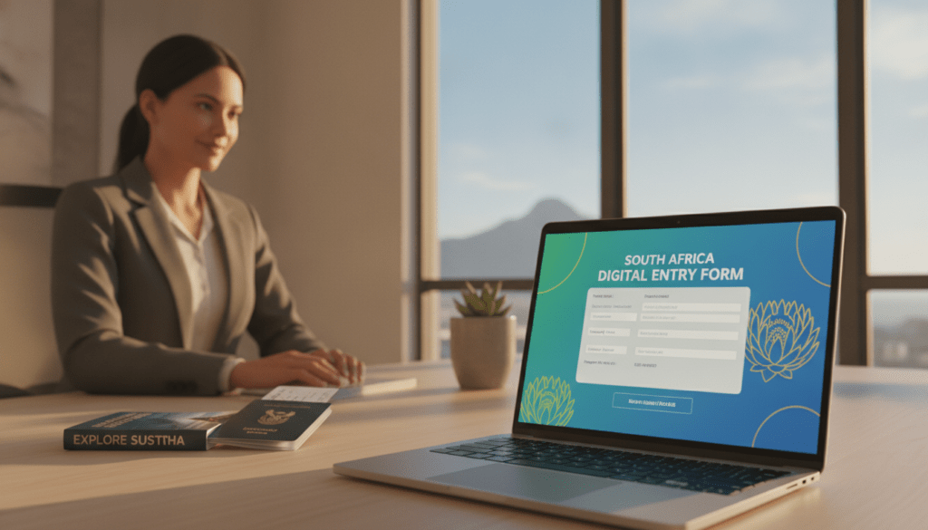 A serene and modern office setting with a professional woman in business attire, focused on her laptop, symbolizing the online entry registration process for South Africa. In the foreground, there’s a close-up of the laptop screen displaying the South Africa digital entry form, with vibrant and inviting colors. In the middle ground, a subtle glimpse of travel-related items, like a passport and travel guide, hints at the theme of travel. The background features a large window with a view of a sunny landscape typical of South Africa, with a faint outline of Table Mountain. The lighting is warm and bright, creating an optimistic and welcoming atmosphere, emphasizing the ease of the new digital system.