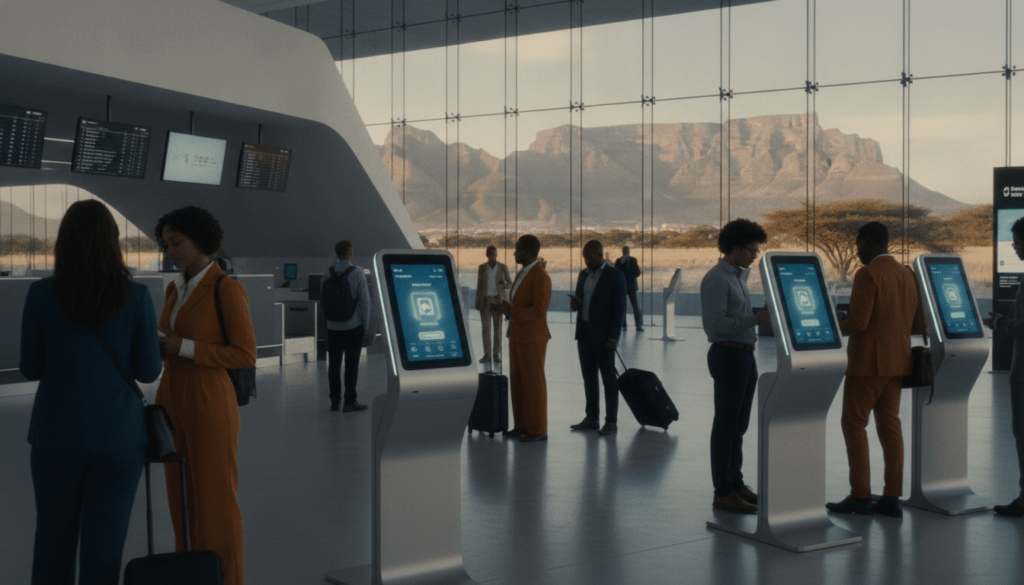 A sleek, modern airport check-in area in South Africa showcasing the new digital entry system. In the foreground, a diverse group of travelers, dressed in smart casual attire, is interacting with a futuristic digital kiosk displaying an intuitive interface. The middle ground features an elegant, minimalist design with smooth lines and modern technology embedded in the surroundings. Large glass windows reveal a bright, sunlit day outside, with iconic South African landscapes in the background. The atmosphere is bustling yet organized, reflecting efficiency and innovation. Natural light pours in, highlighting the vibrant colors of travelers’ clothing and the sleek, high-tech machines. The image radiates a sense of excitement and anticipation for seamless travel.