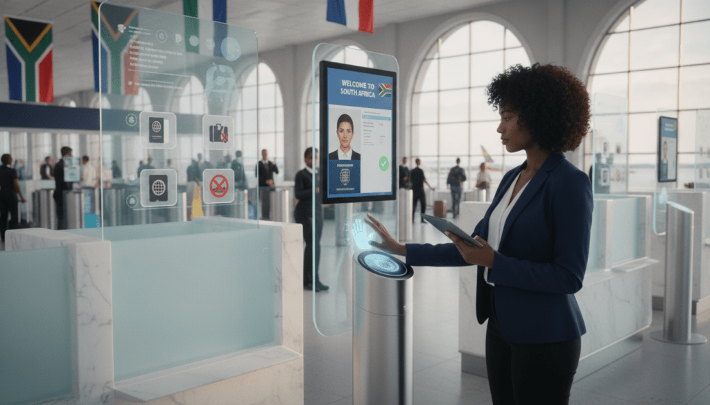 A sophisticated travel scene showcasing a digital immigration checkpoint to South Africa. In the foreground, a confident businesswoman dressed in professional attire, checking her digital device for travel information while standing next to a high-tech biometric scanner. The middle layer features a modern immigration counter with subtle technological elements like screens displaying a digital interface and icons of common travel mishaps. The background depicts a secure airport environment, with flag banners representing South Africa, and travelers moving efficiently. The lighting is bright and inviting, suggesting a smooth process, with a focus on clarity and professionalism. The atmosphere conveys a sense of readiness and awareness, illustrating a seamless digital immigration experience.
