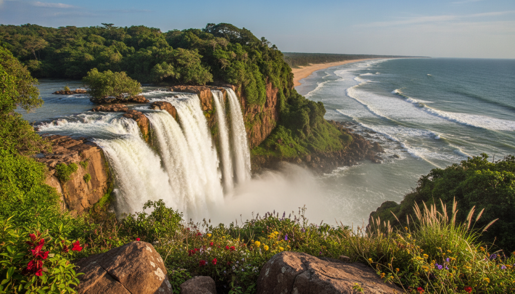 A stunning landscape featuring the Kalandula Waterfalls in Angola with vivid cascades of water flowing down rugged cliffs, surrounded by lush greenery. In the foreground, include rocks and native flora, highlighting the beauty of Angola's natural environment. The middle ground should showcase the waterfalls in full splendor, with abundant mist rising from the crashing water, creating a tranquil and refreshing atmosphere. In the background, depict the vast Atlantic coastline, with golden sandy beaches and gentle waves lapping against the shore under a bright, clear blue sky. Utilize soft natural lighting to enhance the vibrant colors, suggesting a serene afternoon. Capture the scene from a slightly elevated angle to provide depth and perspective, emphasizing both the waterfalls and the ocean in harmony.