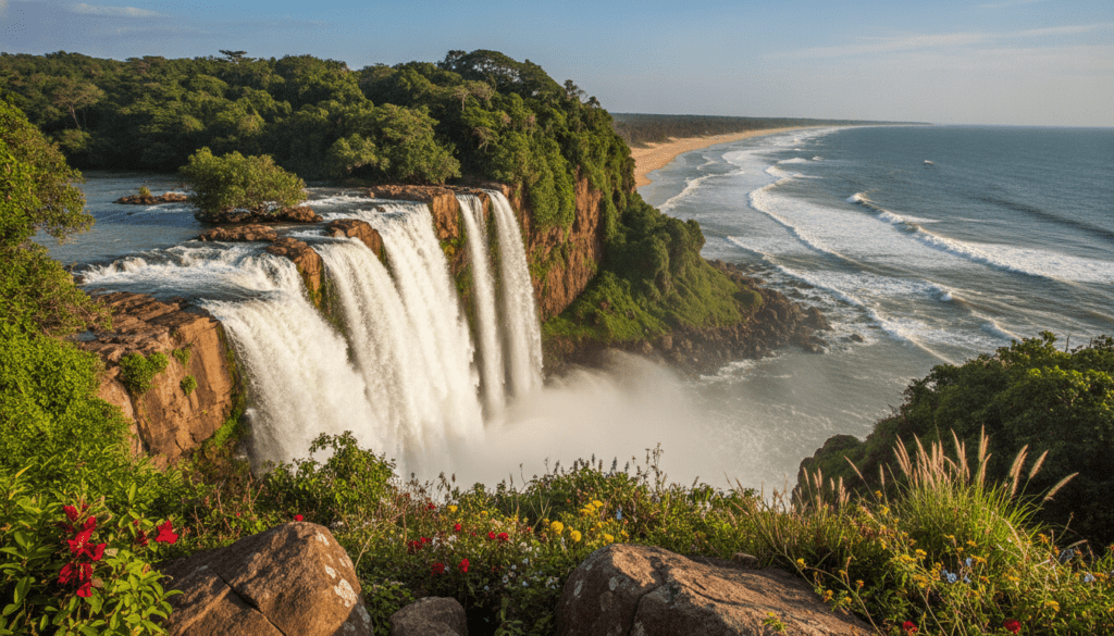 A stunning landscape featuring the Kalandula Waterfalls in Angola with vivid cascades of water flowing down rugged cliffs, surrounded by lush greenery. In the foreground, include rocks and native flora, highlighting the beauty of Angola's natural environment. The middle ground should showcase the waterfalls in full splendor, with abundant mist rising from the crashing water, creating a tranquil and refreshing atmosphere. In the background, depict the vast Atlantic coastline, with golden sandy beaches and gentle waves lapping against the shore under a bright, clear blue sky. Utilize soft natural lighting to enhance the vibrant colors, suggesting a serene afternoon. Capture the scene from a slightly elevated angle to provide depth and perspective, emphasizing both the waterfalls and the ocean in harmony.