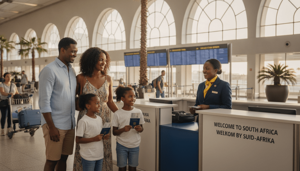 A vibrant airport scene in South Africa, focusing on a family of four—parents and two children—presenting their travel documents to airport officials. The foreground features the family, dressed in casual yet neat clothing, with the children holding their passports. In the middle ground, a friendly airport official, professionally attired, examines the documents while smiling. The background showcases an airport terminal with signs in both English and Afrikaans, creating an authentic South African atmosphere. Soft natural lighting filters through large glass windows, capturing the excitement and anticipation of travel. The overall mood is welcoming and familial, emphasizing the ease of traveling to South Africa with children.