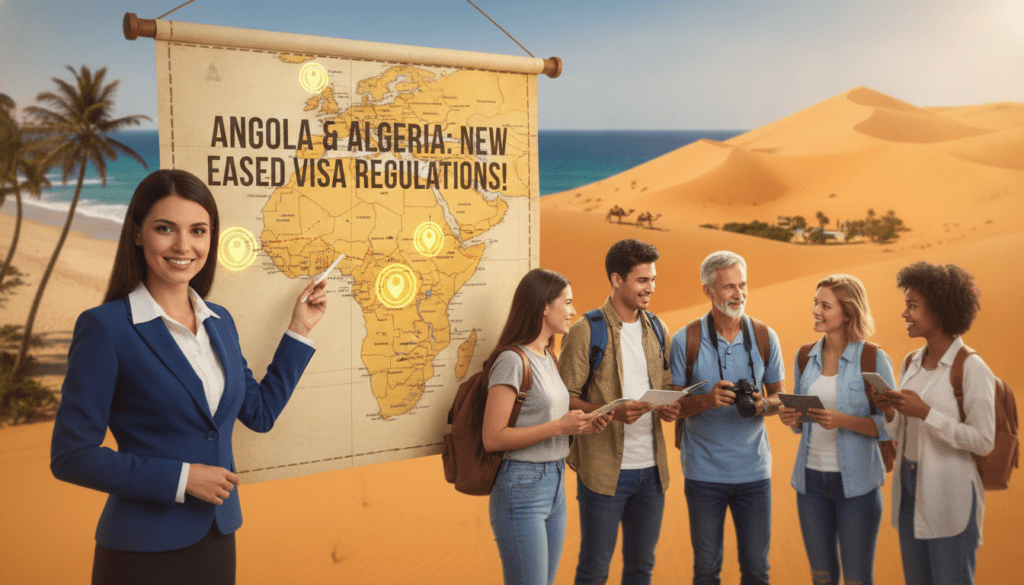 A vibrant and informative scene illustrating the evolving visa regulations for travel to Angola and Algeria. In the foreground, a friendly travel agent in professional attire stands beside a large map detailing Angola and Algeria, pointing towards visa icons and itineraries. The middle ground features a diverse group of travelers from different backgrounds discussing travel plans, showing excitement and engagement. In the background, a picturesque landscape of both countries is visible, showcasing Angola’s sandy beaches and Algeria’s desert scenery under a bright blue sky. The lighting is warm and inviting, suggesting a welcoming atmosphere, with a slight depth of field effect to emphasize the subjects. The overall mood is optimistic and adventurous, highlighting ease of travel and cultural exploration.