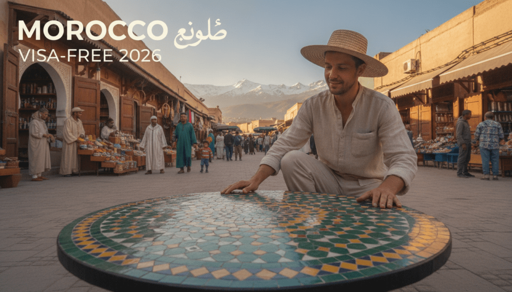 A vibrant and inviting scene capturing the essence of Morocco as a prime destination for visa-free travel in 2026. The foreground features a modestly dressed traveler, looking at a beautifully crafted Moroccan mosaic, symbolizing the rich culture. In the middle ground, traditional Moroccan architecture with intricate designs and colorful markets bustle with activity, showcasing local artisans and families enjoying their day. The background displays the majestic Atlas Mountains under a clear blue sky, bathed in warm sunlight, evoking a sense of adventure and exploration. Soft, diffused lighting enhances the atmosphere, creating a welcoming and optimistic mood, emphasizing the ease of travel to North Africa. The composition is framed from a low angle to showcase both the traveler and the stunning landscape.