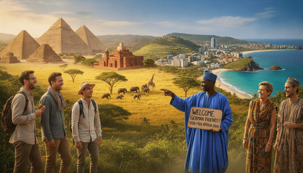 A vibrant, inviting landscape depicting various African countries known for visa-free travel for German travelers in 2026. In the foreground, a friendly local engaging with tourists, all dressed in modest casual clothing, showcasing cultural attire. The middle ground features iconic landmarks from different African nations, such as pyramids, savannahs with elephants, and beautiful coastal vistas. The background includes a clear blue sky, with soft sunlight filtering through, creating a warm and welcoming atmosphere. The scene is captured from a slightly elevated angle, emphasizing the lush greenery and colorful architecture, evoking a sense of adventure and excitement for future travel opportunities across Africa.