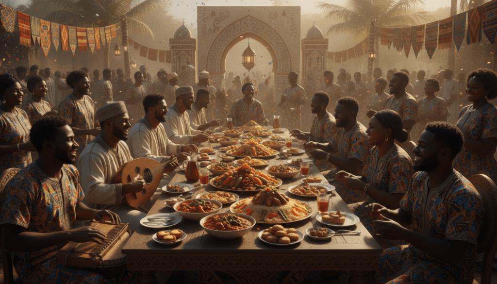 A vibrant scene showcasing the rich cultures of Angola and Algeria, capturing the essence of their music, festivals, and culinary traditions. In the foreground, a group of people, dressed in traditional attire, celebrate with joyful expressions, playing instruments like the Angolan "sanza" and Algerian "oud". In the middle, a table adorned with colorful dishes, featuring Angolan "muamba de galinha" and Algerian "couscous", invites the viewer to appreciate the cuisine. The background highlights a festival atmosphere with colorful banners and decorations, bathed in warm, golden sunlight that evokes a lively and welcoming mood. The image is framed with a slightly elevated angle to capture the vibrancy and details, ensuring the focus remains on the interplay of culture and community. The atmosphere is festive and inviting, filled with laughter and camaraderie.