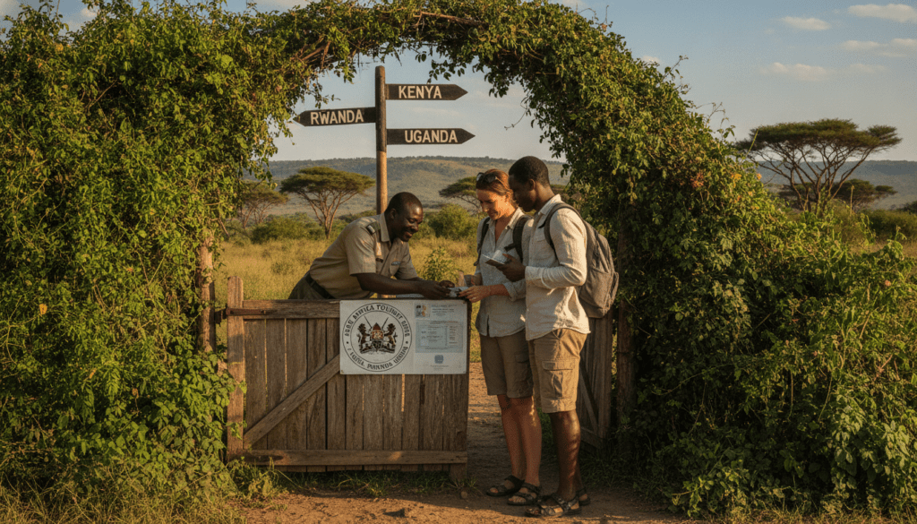 A vibrant travel scene depicting a Kenyan border entry point surrounded by lush greenery and tropical plants, emphasizing the concept of the East Africa Tourist Visa. In the foreground, a friendly customs officer in professional attire is assisting a couple of diverse tourists, who are dressed in modest casual clothing, showcasing their travel documents. The middle ground features a signpost with arrows pointing towards Kenya, Rwanda, and Uganda, symbolizing the East Africa Visa Alliance, set against a bright blue sky with soft, fluffy clouds. The background showcases iconic African landscape features like acacia trees and distant hills, bathed in warm, natural sunlight to create an inviting atmosphere. Focus on clarity and depth, with a slightly elevated perspective for a comprehensive view of the scene.
