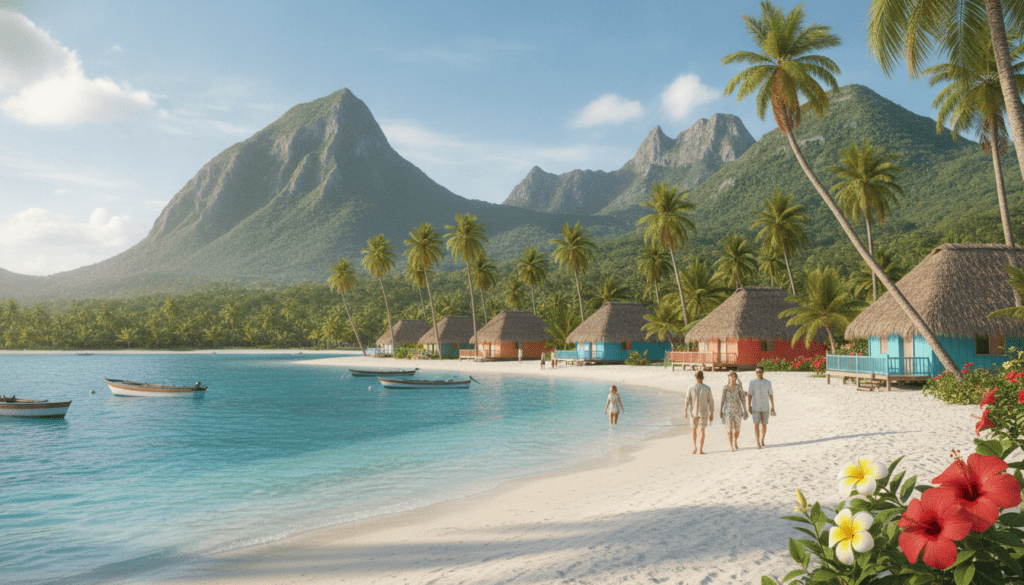 A vibrant tropical scene showcasing the idyllic landscapes of the Seychelles, Mauritius, and Cape Verde. In the foreground, a pristine beach lined with soft white sand, dotted with lush palm trees swaying gently in a light ocean breeze. In the middle ground, colorful traditional huts with thatched roofs, overlooking clear turquoise waters. A few travelers in modest casual clothing enjoy the sun and explore the vibrant tropical flora. In the background, impressive volcanic mountains rise majestically, their lush greenery contrasting against the bright blue sky. Soft sunlight illuminates the scene, casting warm, inviting shadows. The mood is relaxed and cheerful, capturing the essence of these stunning island nations that welcome visitors with open arms.
