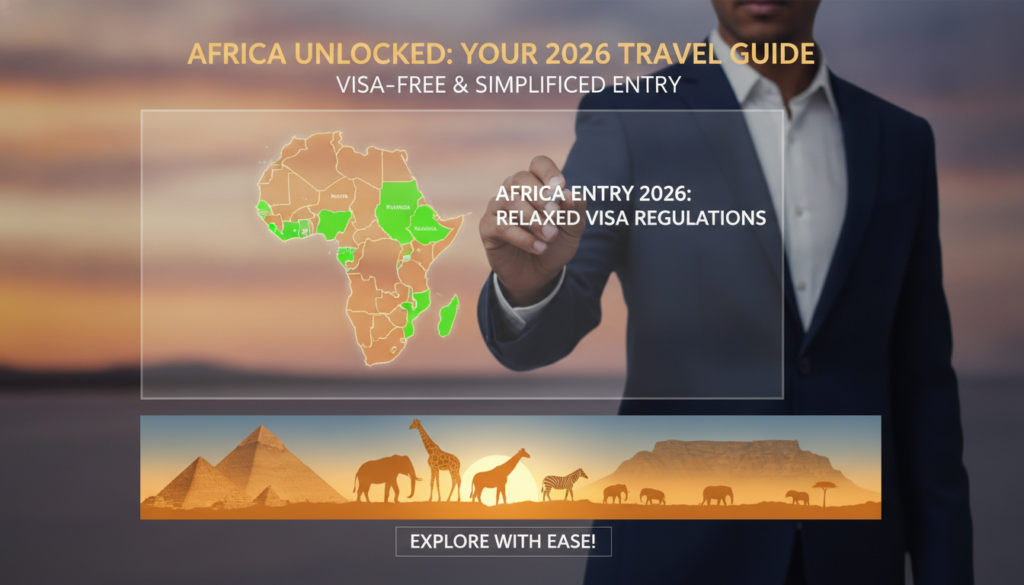 A visually engaging infographic representing the entry requirements for Africa in 2026. In the foreground, showcase a professional businessperson dressed in smart attire, pointing to a map of Africa with highlighted countries illustrating relaxed visa regulations. In the middle section, include a seamless blend of iconic African landmarks, such as the Pyramids of Giza, Table Mountain, and wildlife silhouettes, symbolizing travel opportunities. In the background, use a soft gradient sunset sky, evoking a sense of optimism and adventure. The overall mood should be informative yet inspiring, with bright, inviting colors that draw the viewer's attention. The composition should be clear and organized, with a focus on clarity and aesthetics, ideal for an article section on visa-free travel in Africa.