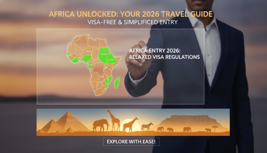 A visually engaging infographic representing the entry requirements for Africa in 2026. In the foreground, showcase a professional businessperson dressed in smart attire, pointing to a map of Africa with highlighted countries illustrating relaxed visa regulations. In the middle section, include a seamless blend of iconic African landmarks, such as the Pyramids of Giza, Table Mountain, and wildlife silhouettes, symbolizing travel opportunities. In the background, use a soft gradient sunset sky, evoking a sense of optimism and adventure. The overall mood should be informative yet inspiring, with bright, inviting colors that draw the viewer's attention. The composition should be clear and organized, with a focus on clarity and aesthetics, ideal for an article section on visa-free travel in Africa.