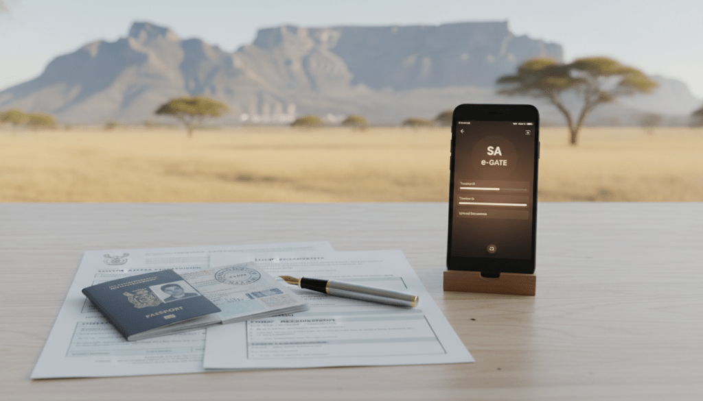 A well-organized travel document display for "South Africa Entry Documents" on a clean, wooden desk. In the foreground, a neatly arranged stack of essential travel documents, including a South African visa, passport, and printed health requirements, with a fountain pen resting beside them. In the middle, a smartphone showcasing a digital entry system app, illuminated by soft, warm lighting. The background features a blurred image of a South African landscape, such as Table Mountain or rolling savannas, enhancing the travel atmosphere. The composition should reflect a sense of preparedness and anticipation for travel. Use natural lighting to create an inviting and informative mood, with a focus on clarity and detail in the documents.