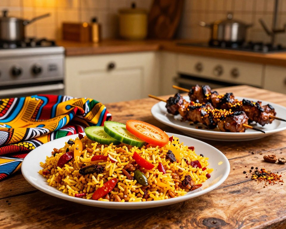 Westafrikanische Gerichte wie Jollof Reis und Suya