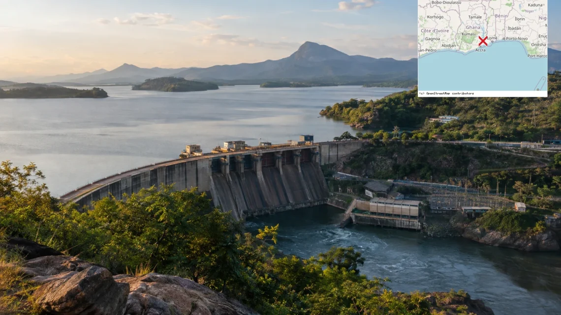 Reiseziel mit Lagekarte in Akosombo, Afrika