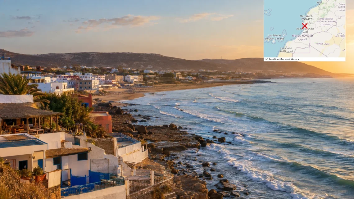 Reiseziel mit Lagekarte in Taghazout, Afrika