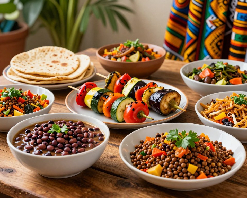 vegane afrikanische Gerichte mit Hülsenfrüchten und Gemüse